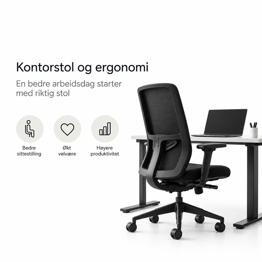 Ergonomisk kontorstol og arbeidsplass med fokus på riktig sittestilling og ergonomi