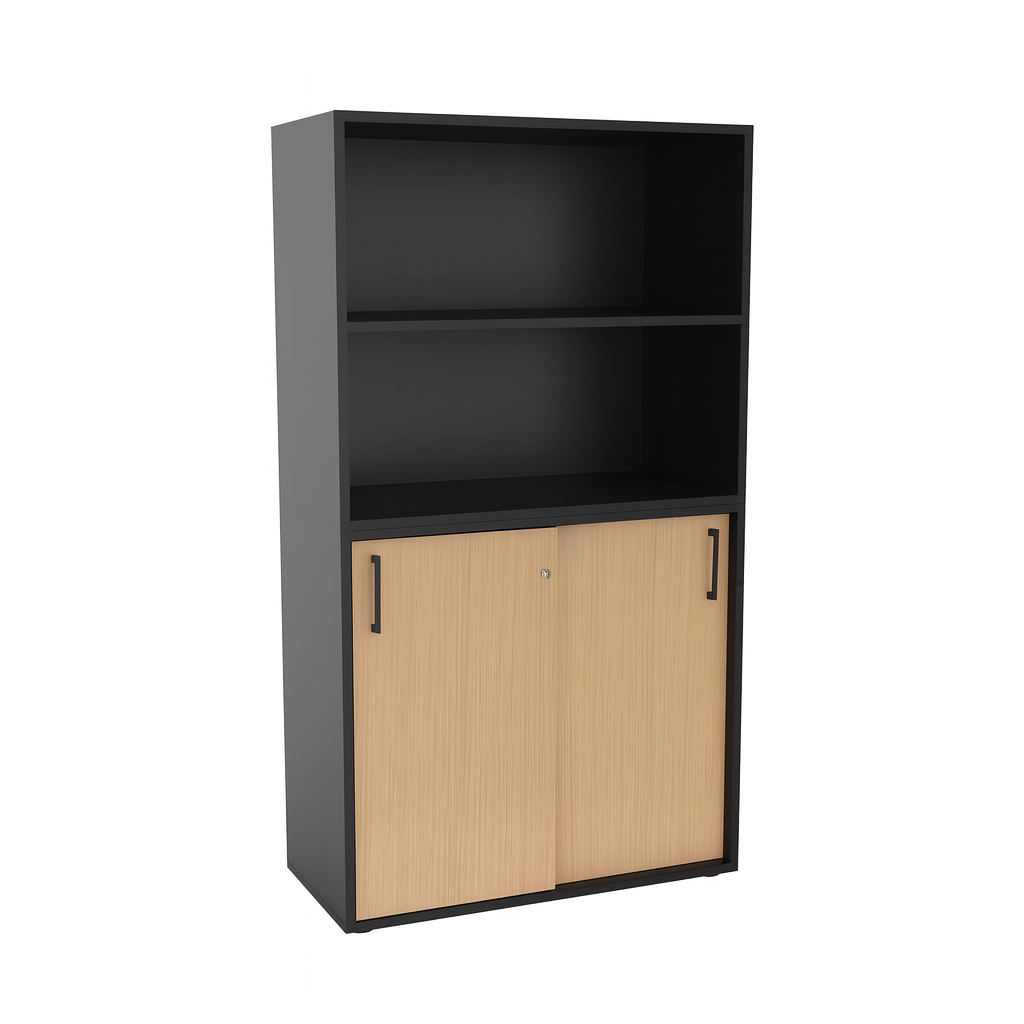 NYTT | SKYVEDØRSKAP MED OVERHYLLER DESIGNET I LYS EIK/SVART
